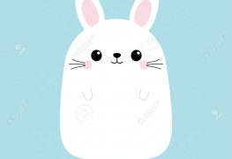 White bunny rabbit. Funny head face. Cute kawaii cartoon character. Baby greeting card template. Happy Easter sign symbol. Blue background. Flat design.