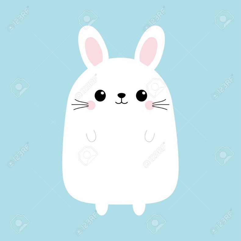 White bunny rabbit. Funny head face. Cute kawaii cartoon character. Baby greeting card template. Happy Easter sign symbol. Blue background. Flat design.